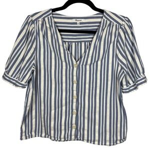 Madewell Blue and White Striped Button-Front Puff Sleeve Blouse